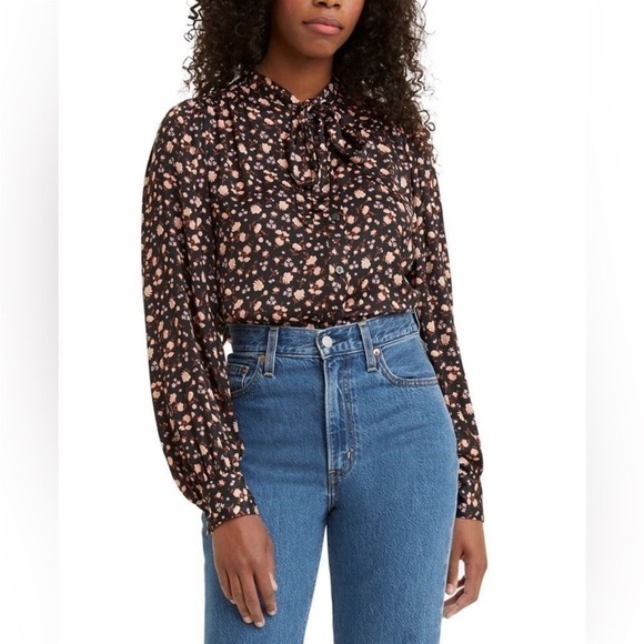 Levi’s Black Floral Marianna Donna Floral Dusty Caviar Printed Tie-Neck Top XXL - Picture 2 of 8